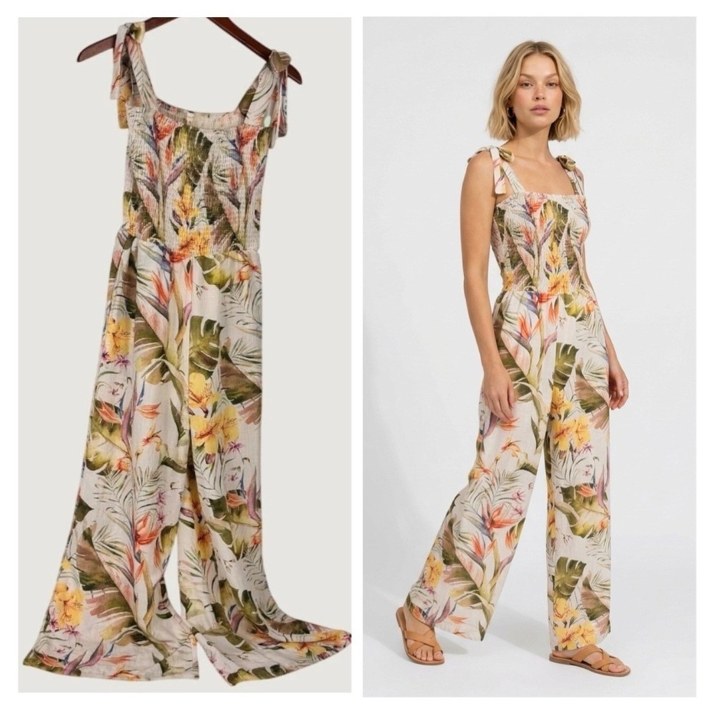fanco floral jumpsuit womens M ivory tropical smocked wide leg tie strap pockets